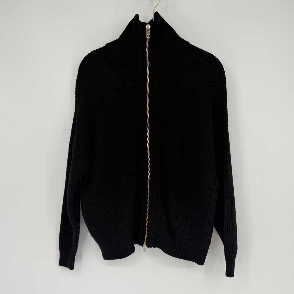 Sioni Womens Black Ribbed Full Zip Funnel Neck Cardigan Sweater Size M RN163742